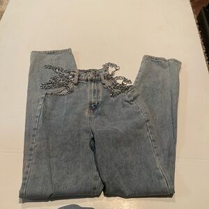 Fashion Nova Light Blue Straight Leg Jeans with Chain Accent
